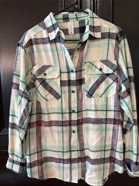 Stitch & Needle Mint Green, Black & White Plaid Button-Down Shirt